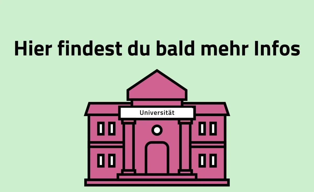 Illustration eines Universitätsgebäudes mit dem Text "Hier findest du bald mehr Infos". 